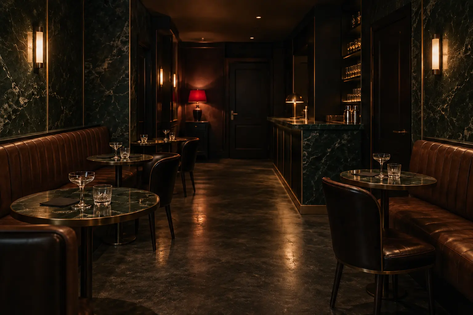 La pièce, tables dressées, portes closes